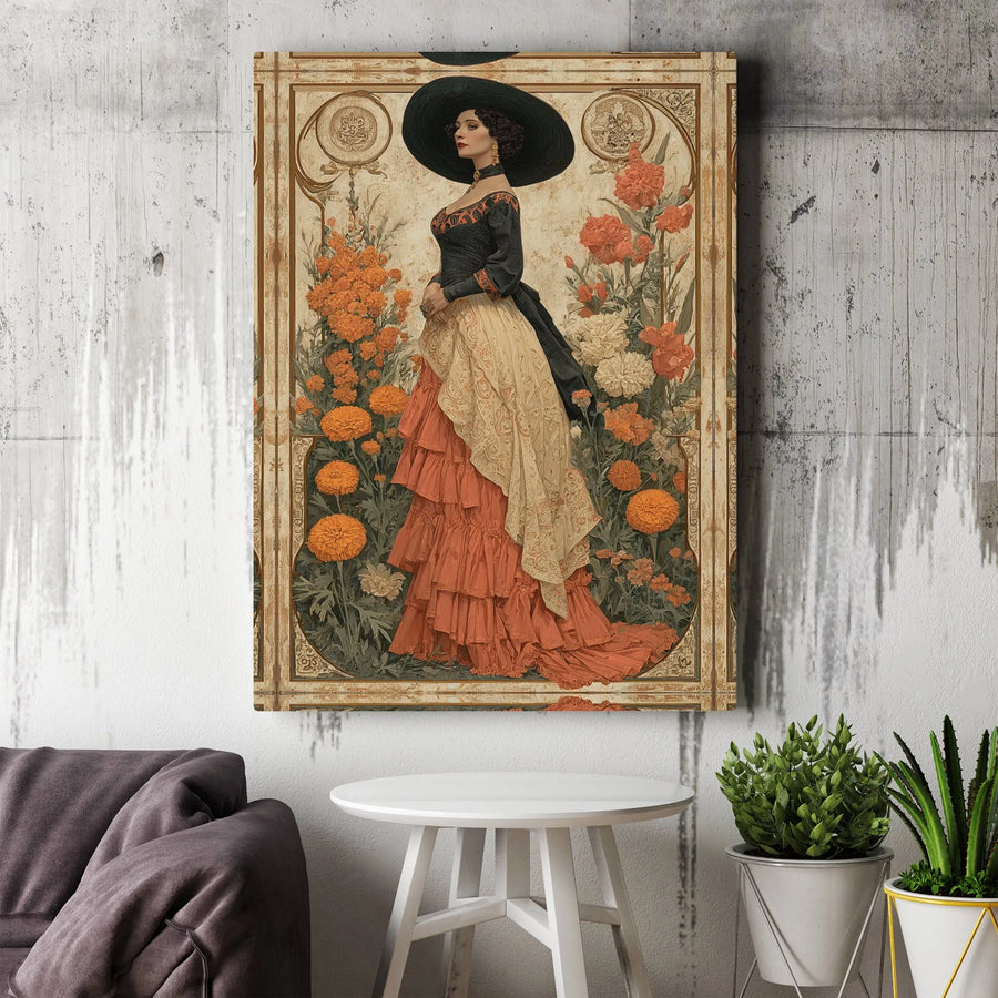 Art Nouveau Woman Portrait Canvas | Vintage Floral Marigold Design | Premium Gallery Wrap | Elegant Home Office Wall Art Decor