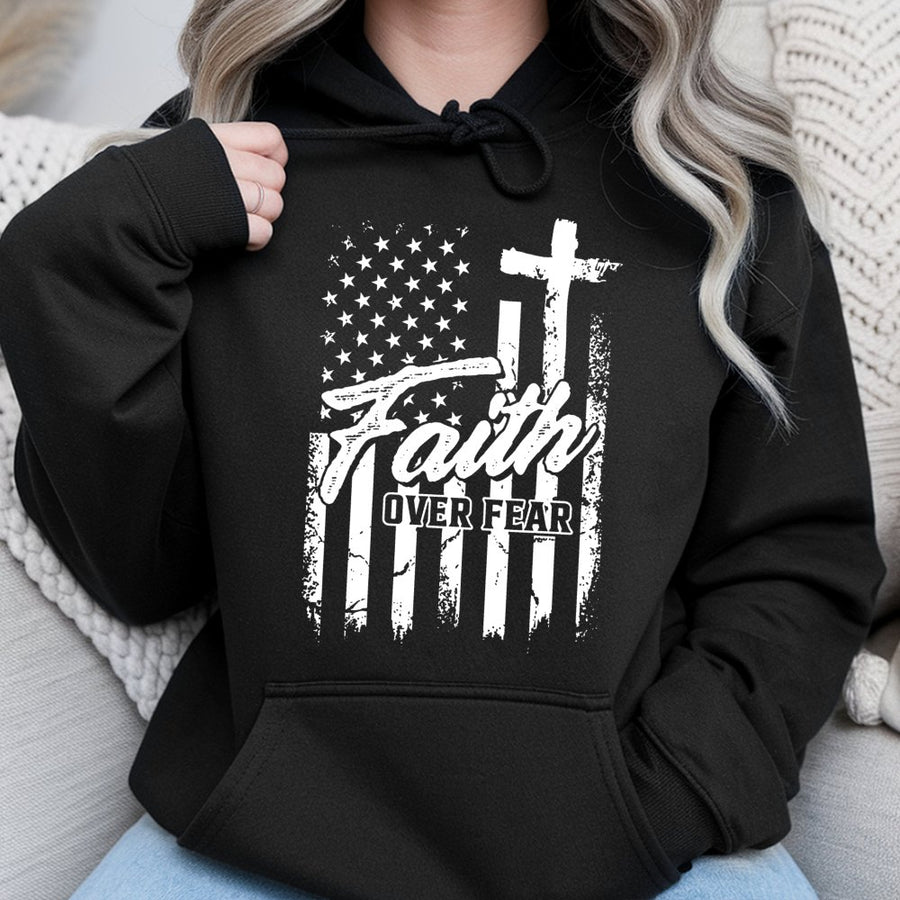 Faith Over Fear Hoodie | American Flag Christian Cross Graphic | Premium Cotton Blend | Patriotic Gift for Men and Women