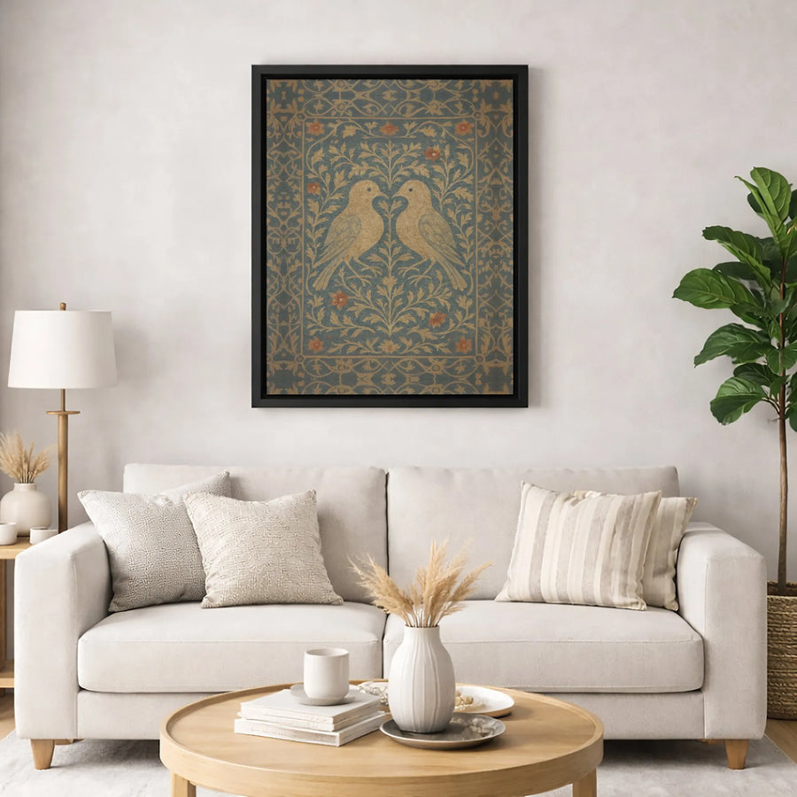 Two Kissing Birds Canvas Print | Vintage Floral Botanical Art | Premium Gallery Wrapped Wall Decor | Romantic Nature Home Gift