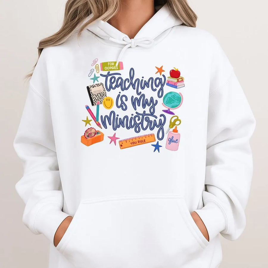 Teaching Is My Ministry Hoodie | Cute School Supplies Graphic | Premium Cotton Blend | Christian Teacher Appreciation Gift