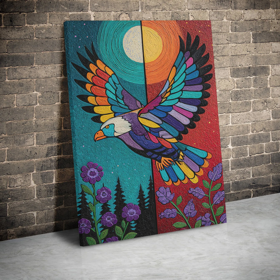 Abstract Eagle Canvas Wall Art | Colorful Day and Night Sun Moon Mosaic | Premium Gallery Wrapped Decor | Nature Lover Living Room Gift