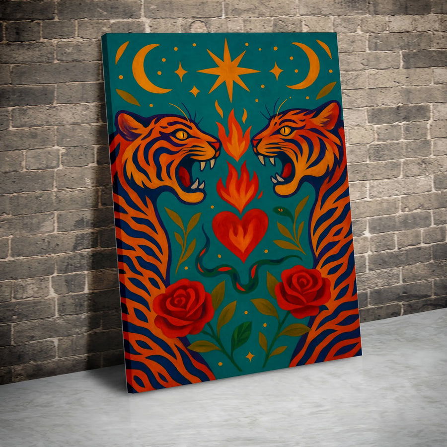 Tiger Canvas Print | Symmetrical Flaming Heart & Roses Illustration | Premium Gallery Quality | Boho Living Room Decor Gift