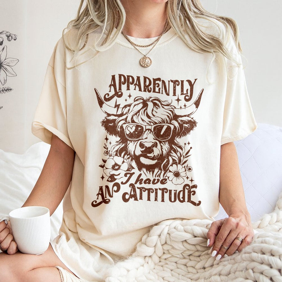 Highland Cow T-Shirt | Funny Apparently I Have An Attitude Graphic | 100% Cotton Premium Unisex Tee | Gift for Farm Animal and Cattle Lovers