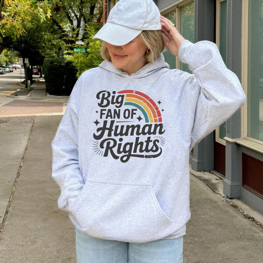 Big Fan Of Human Rights Hoodie | Retro Rainbow Aesthetic Graphic | Premium Cotton Blend | Equality Activist Gift For Social Justice Advocates