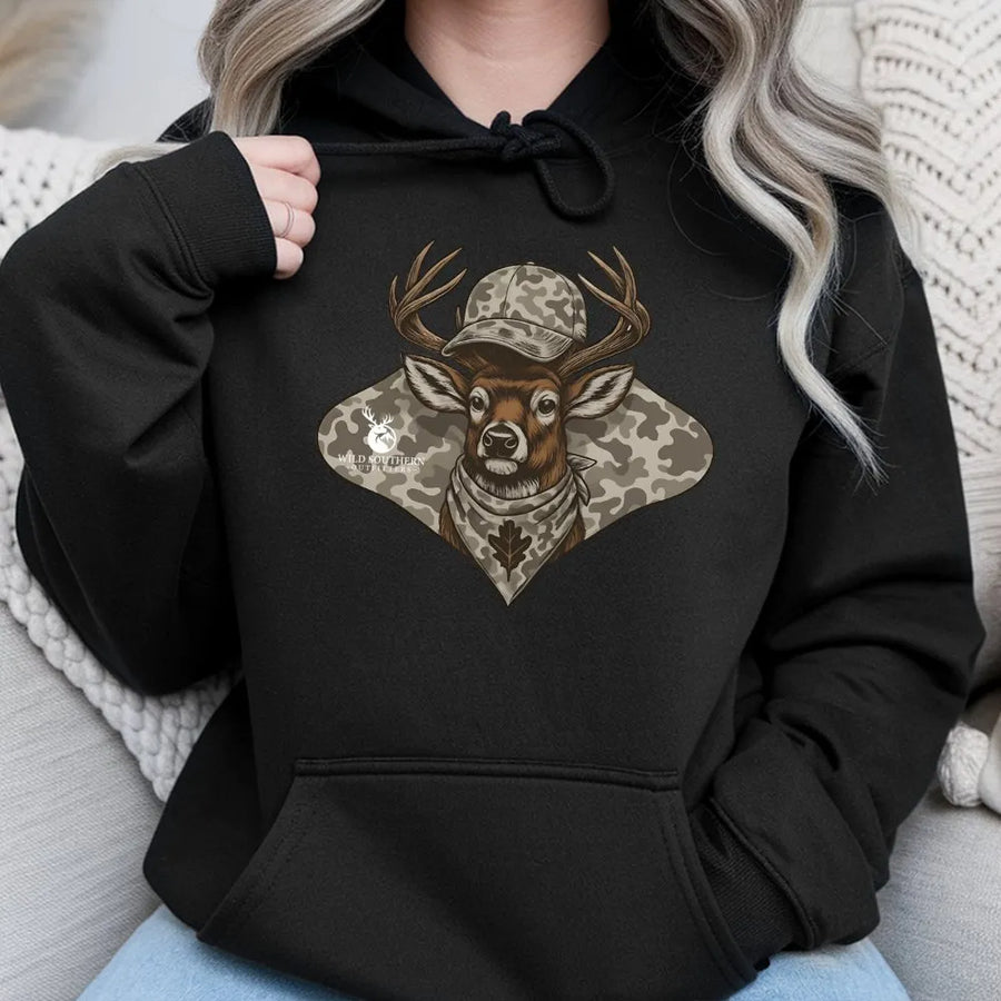 Deer Hunting Hoodie | Camo Buck Graphic with Bandana | Premium Cotton Blend | Gift for Outdoorsmen and Wildlife Enthusiasts
