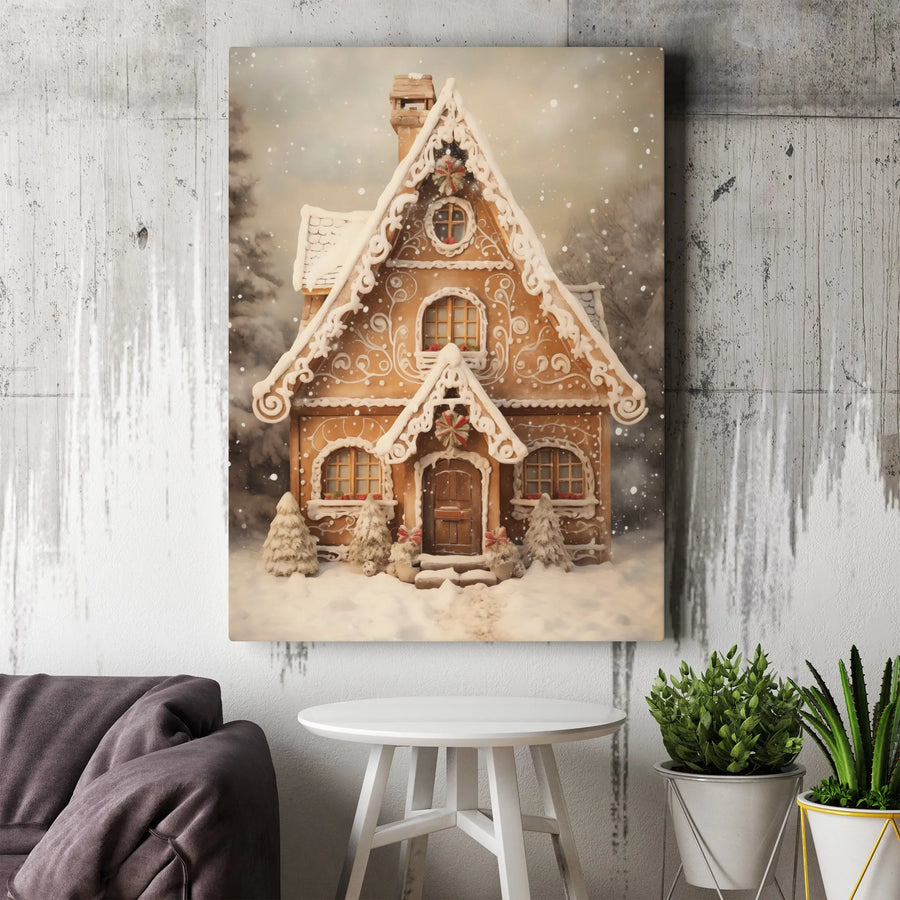 Christmas Gingerbread House Wall Art | Snowy Winter Cabin Canvas Print | Premium Fade-Resistant Gallery Wrap | Festive Holiday Home Decor Gift
