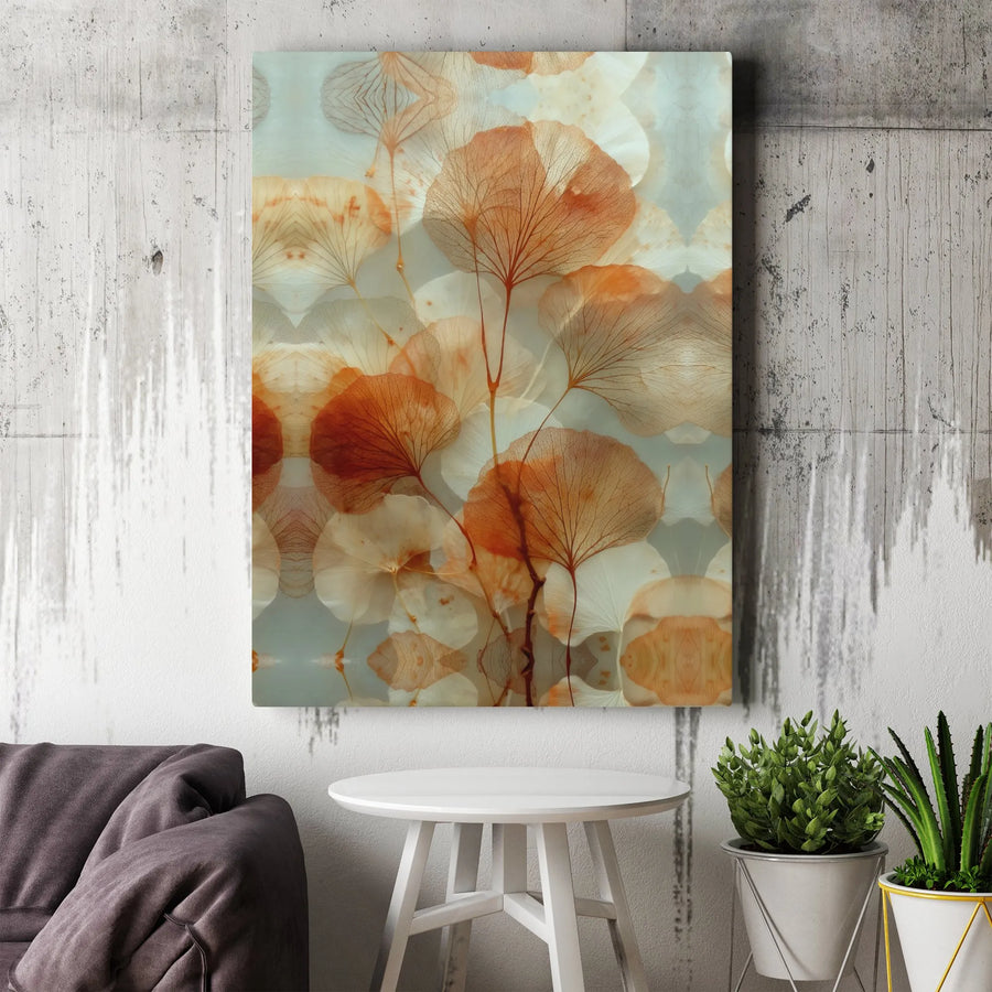 Abstract Botanical Canvas Wall Art | Translucent Orange Leaf Skeleton Print | Premium Gallery Wrapped Decor | Modern Home Office Gift