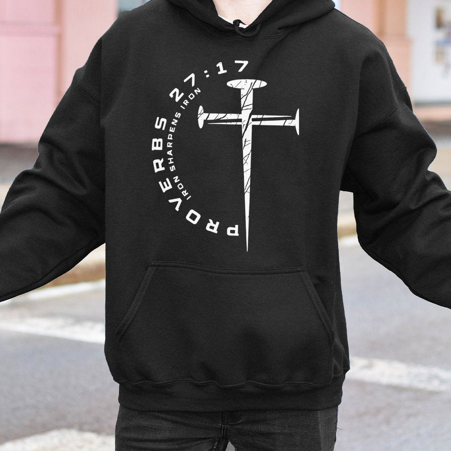 Proverbs 27:17 Hoodie | Iron Sharpens Iron Cross Design | Premium Cotton Blend | Christian Faith Apparel Gift for Men and Women