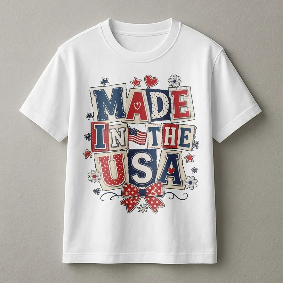 Patriotic USA T-Shirt | Coquette Collage Made in USA Graphic | Premium Cotton Blend | 4th of July Independence Day Gift for Men & Women