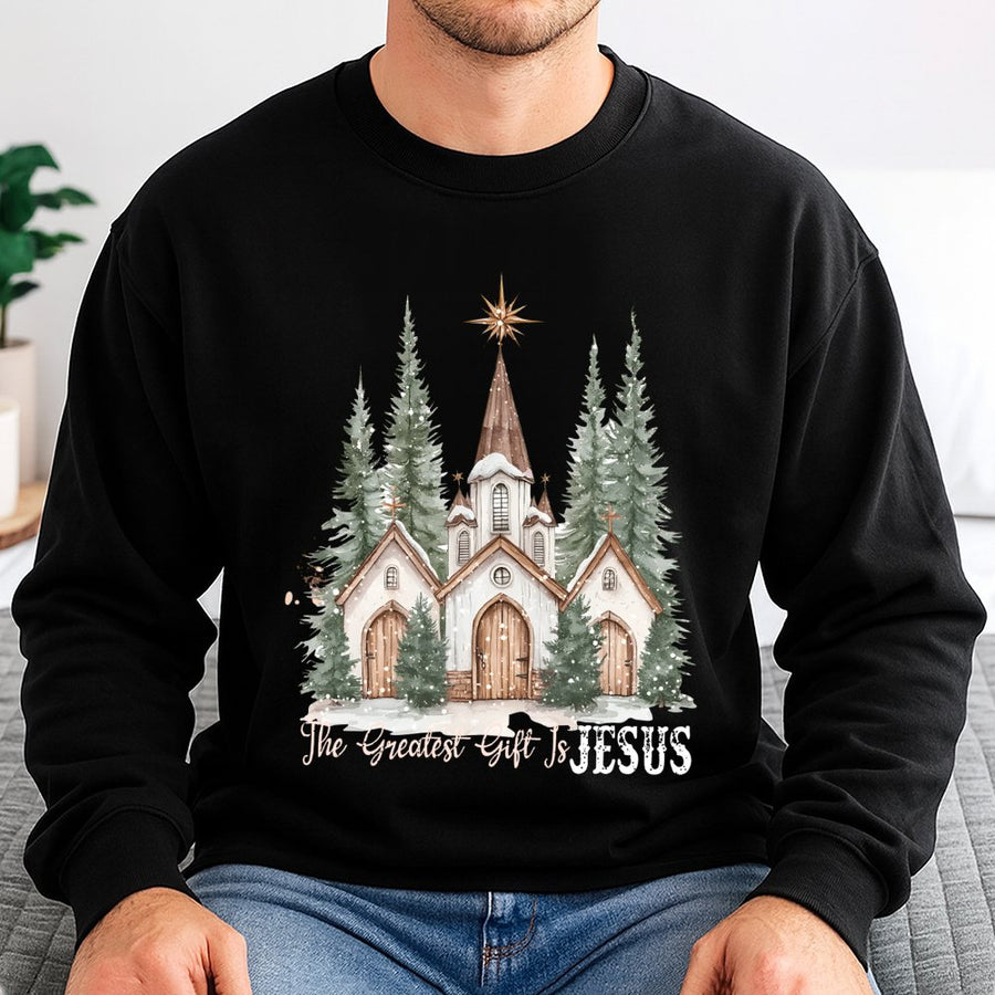 The Greatest Gift Is Jesus Sweatshirt | Religious Christmas Church Graphic | Cotton Blend Premium Crewneck | Christian Holiday Faith Gift for Her