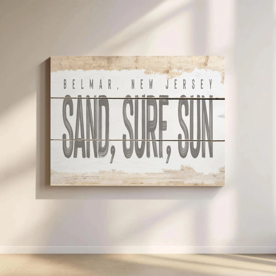 Belmar New Jersey Canvas Wall Art | Rustic Sand Surf Sun Sign | Premium Gallery Wrapped Canvas | Jersey Shore Housewarming Gift