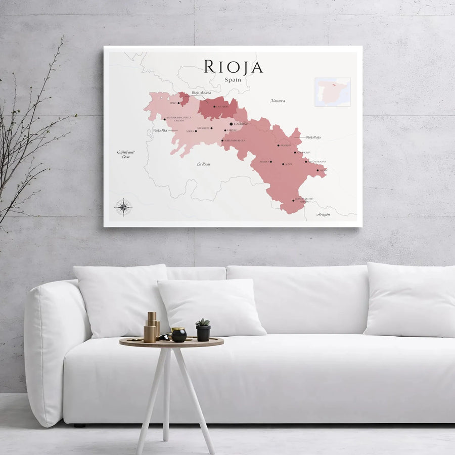 Rioja Wine Map Canvas | Minimalist Spain Vineyard Art | 1.25 Inch Gallery Wrap | Kitchen and Dining Home Decor Gift