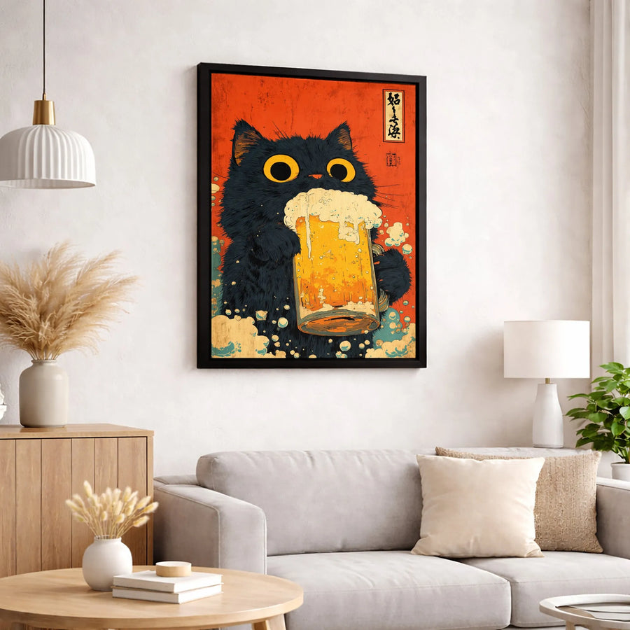 Japanese Black Cat Drinking Beer Wall Art | Ukiyo-e Style Illustration | Premium Gallery Canvas | Funny Bar Decor Gift For Beer Lovers