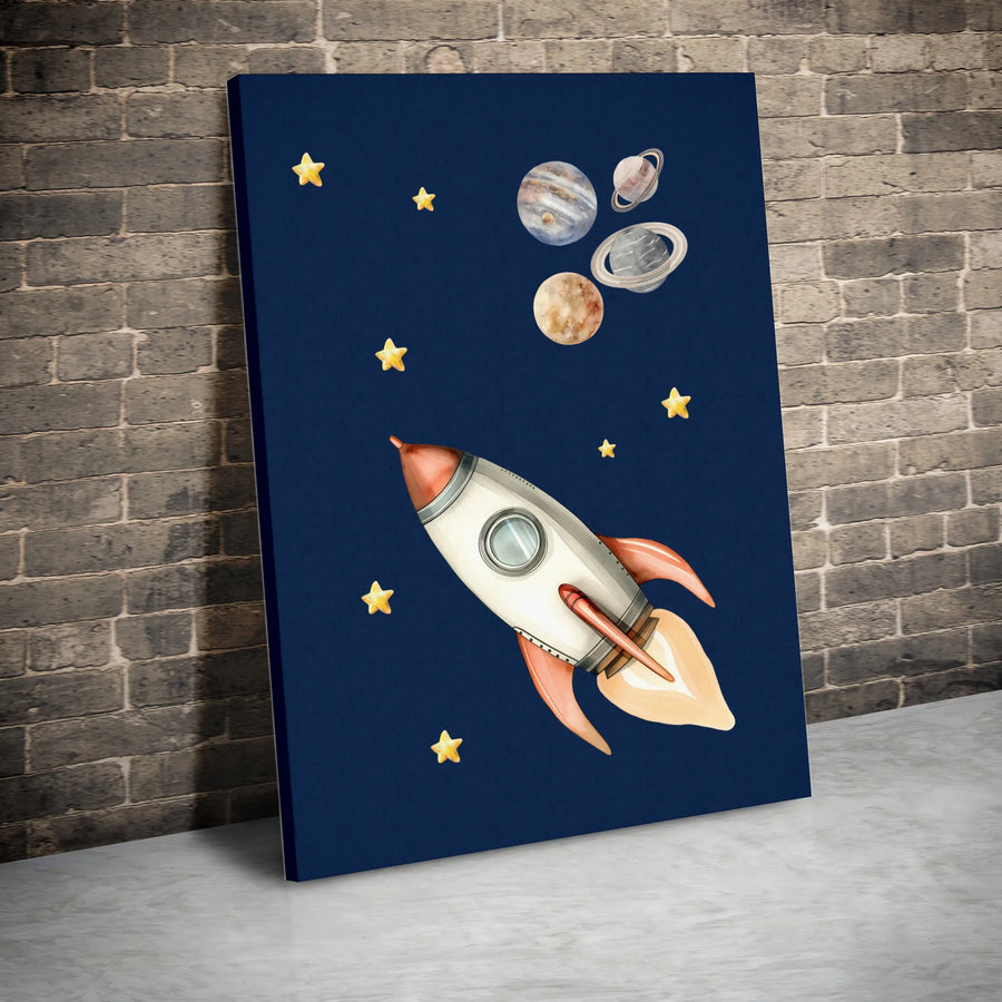 Rocket Ship Wall Art | Watercolor Space Nursery Decor | 1.25 Inch Premium Gallery Canvas | Cute Kids Bedroom Gift