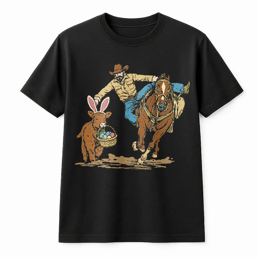 Western Cowboy Easter T-Shirt | Funny Bunny Cow Illustration | 100% Cotton Premium Tee | Unique Holiday Gift for Country Lovers