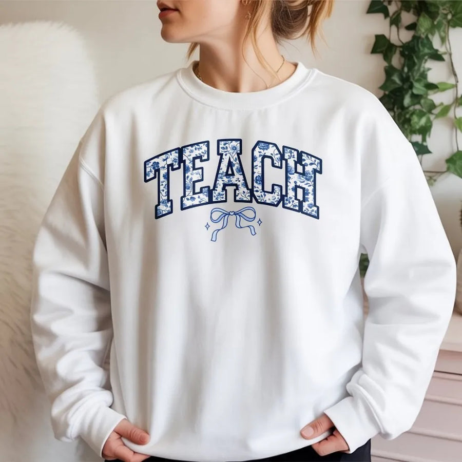 Floral Teacher Sweatshirt | Blue Varsity 'Teach' Print Design | Soft Cotton Tee | Back To School Outfit & Teacher Appreciation Gift