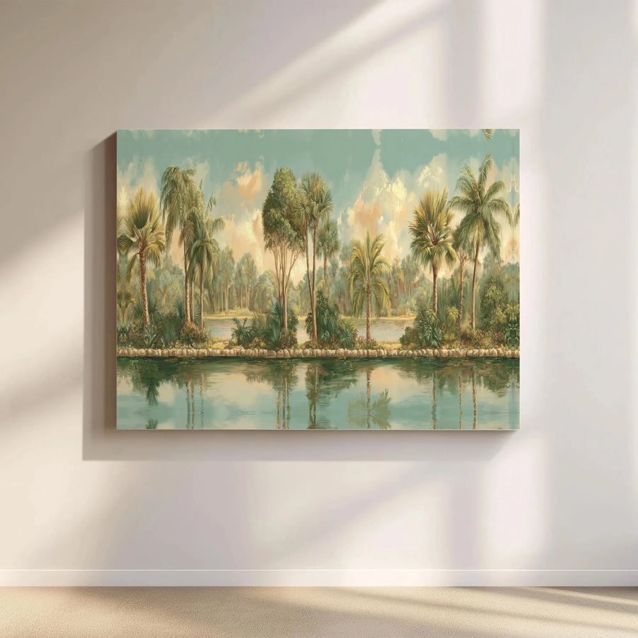 Vintage Tropical Landscape Canvas | Panoramic Palm Tree Painting | Premium Gallery Wrapped Canvas | Coastal Living Room Decor Gift
