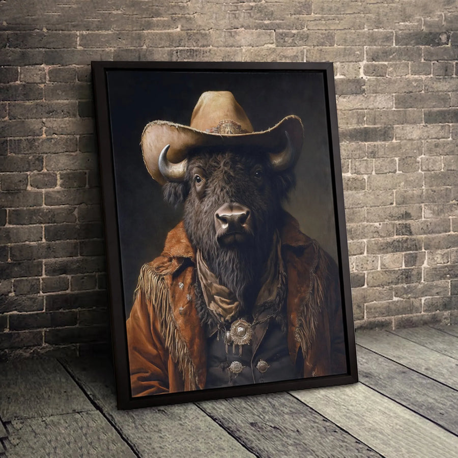 Western Bison Cowboy Canvas Print | Anthropomorphic Buffalo Portrait | 1.25 Inch Gallery Wrap | Rustic Farmhouse Wall Decor Gift
