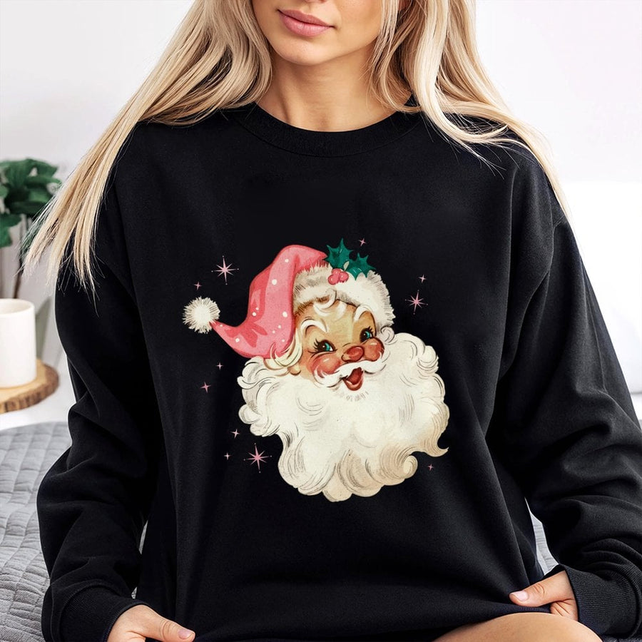 Pink Santa Sweatshirt | Retro Christmas Holiday Graphic | Soft Cotton Blend Unisex Pullover | Festive Gift For Her