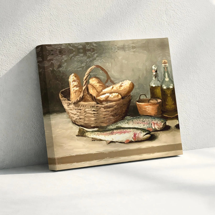 Vintage Still Life Canvas Art | Classic Trout & Bread Oil Painting Style Print | Premium Thick Gallery Canvas | Rustic Kitchen & Dining Room Decor Gift