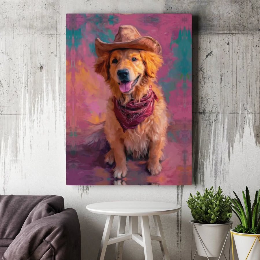 Golden Retriever Cowboy Canvas Wall Art | Painterly Western Dog Portrait | Premium Stretched Canvas | Gift for Dog Lover & Modern Farmhouse Decor