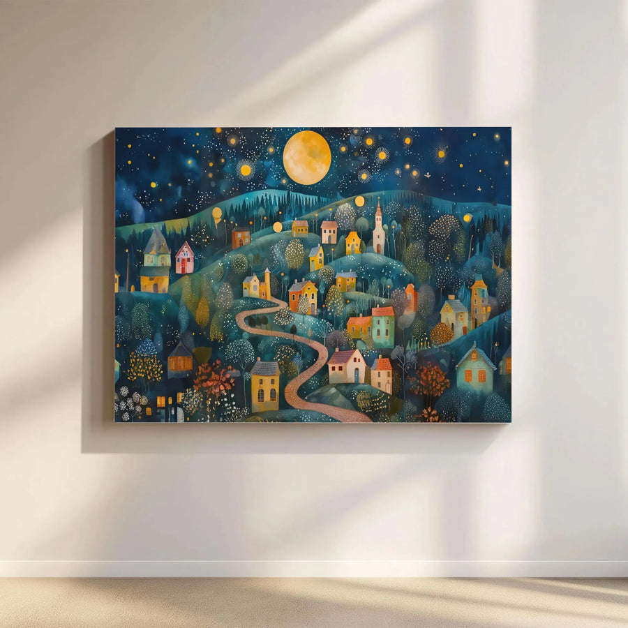 Whimsical Village Canvas Print | Starry Night Sky and Full Moon Art | Premium Gallery Wrap Decor | Enchanting Landscape Wall Art for Home