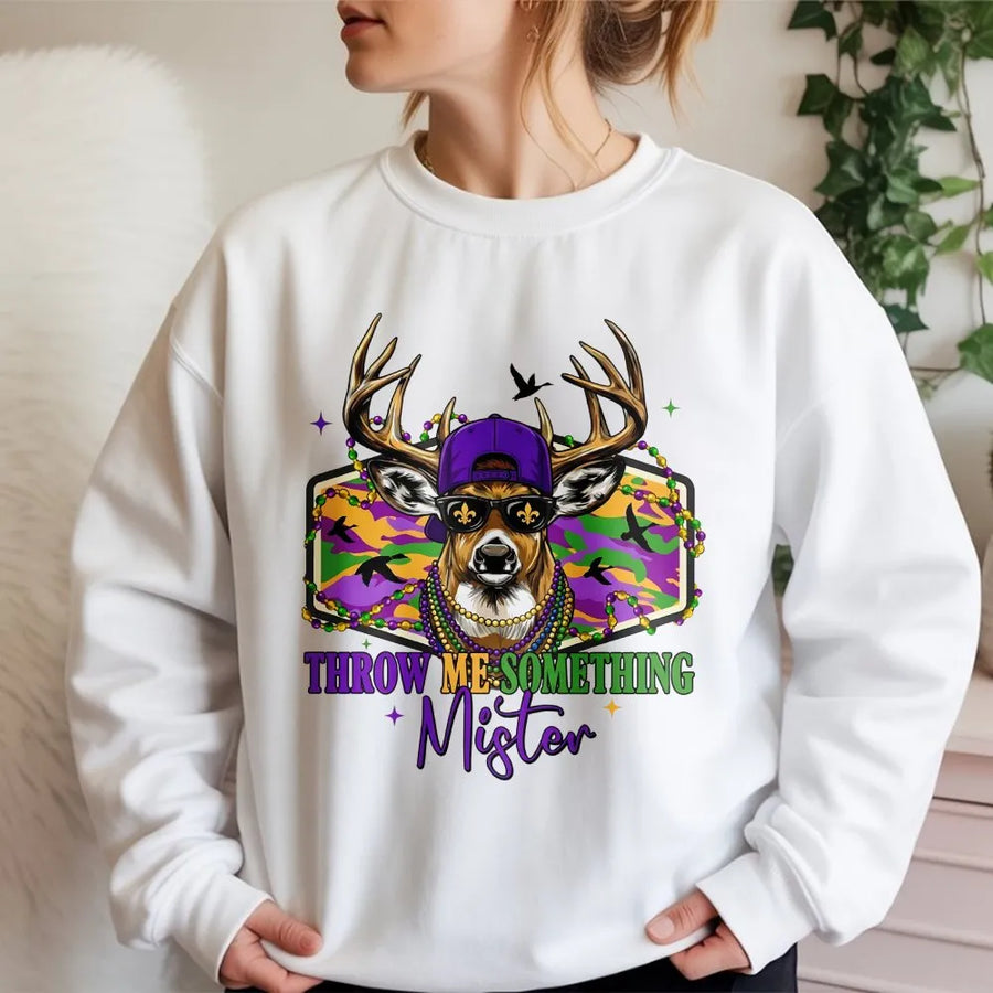 Mardi Gras Deer Sweatshirt | Throw Me Something Mister Graphic | Premium Cotton Blend | New Orleans Parade Gift For Hunters