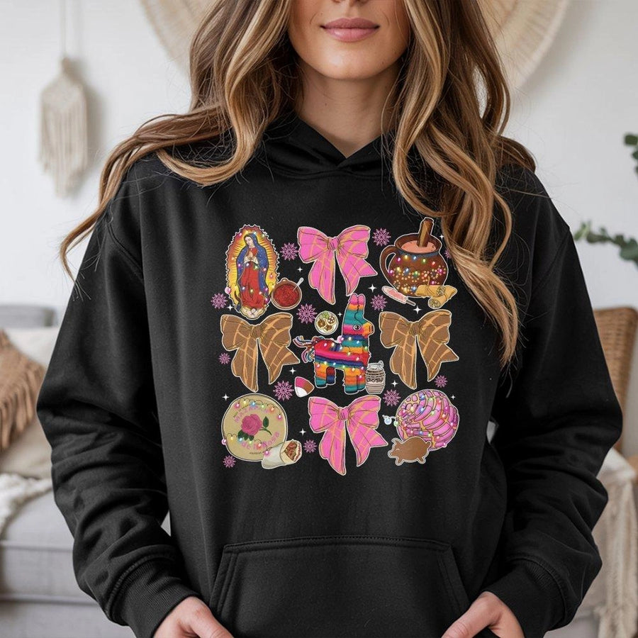Mexican Christmas Hoodie | Coquette Bows Pinata Graphic | Premium Cotton Blend Pullover | Cultural Holiday Gift for Women and Men