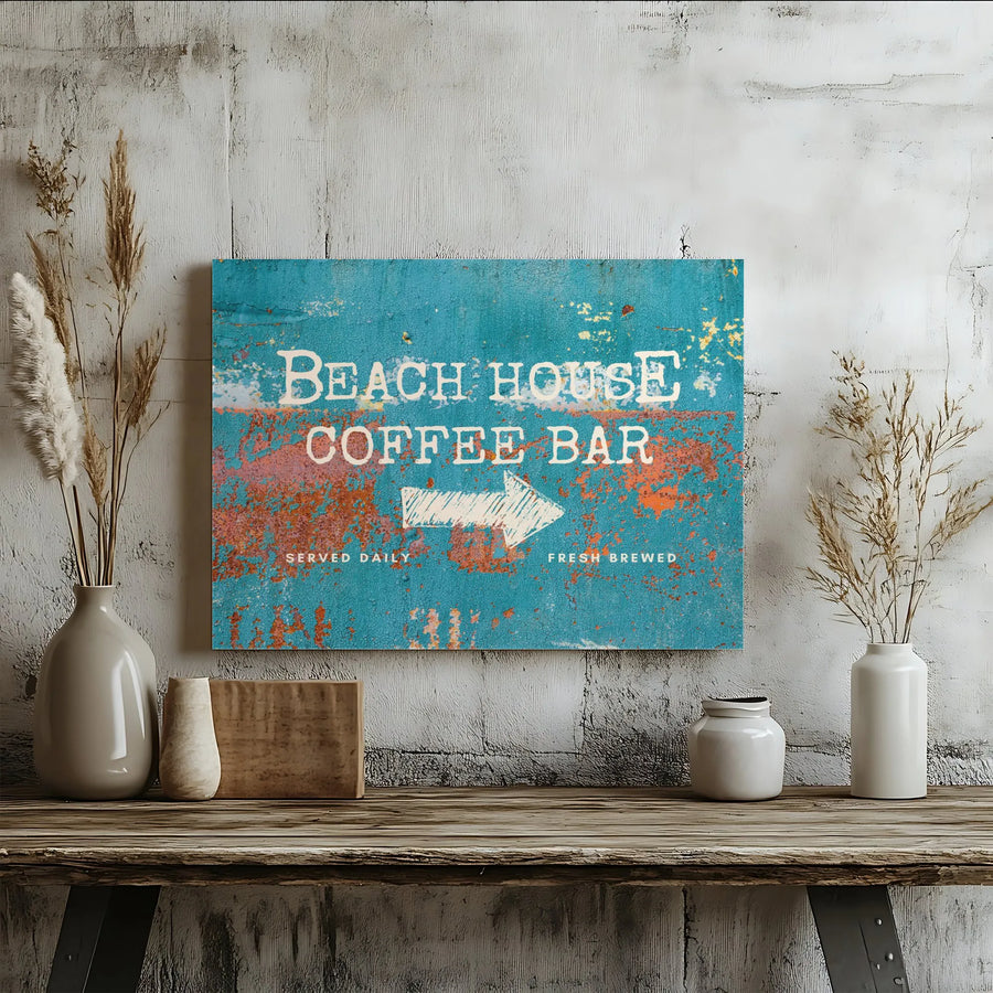 Beach House Coffee Bar Canvas | Rustic Coastal Sign Art with Distressed Look | Premium Gallery Wrapped Print | Gift for Kitchen & Dining Room Decor