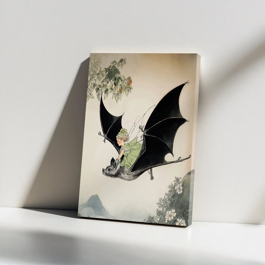 Fairy Riding A Bat Canvas | Whimsical Vintage Illustration | Premium Gallery Wrap Wall Art | Magical Forest Home Decor Gift