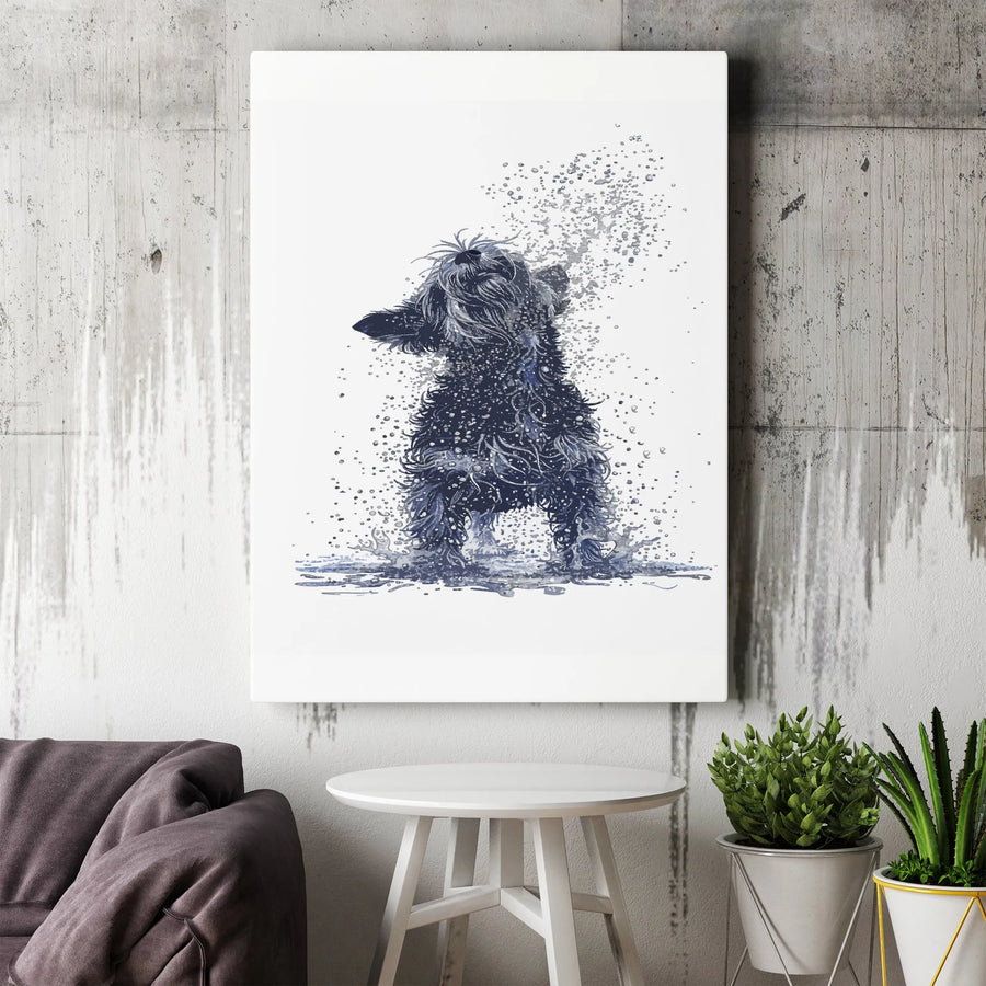 Schnauzer Dog Vertical Canvas | Shaking Wet Dog Watercolor Art | Premium 1.25" Thick Gallery Wrap | Wall Art Gift for Dog Lover