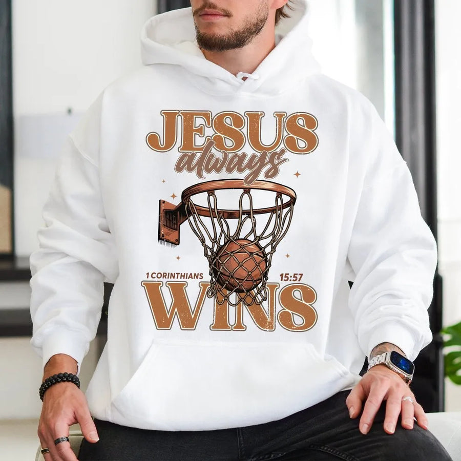 Jesus Always Wins Hoodie | Christian Basketball Graphic Design | Cotton Blend Apparel | Inspirational Faith Gift for Athletes