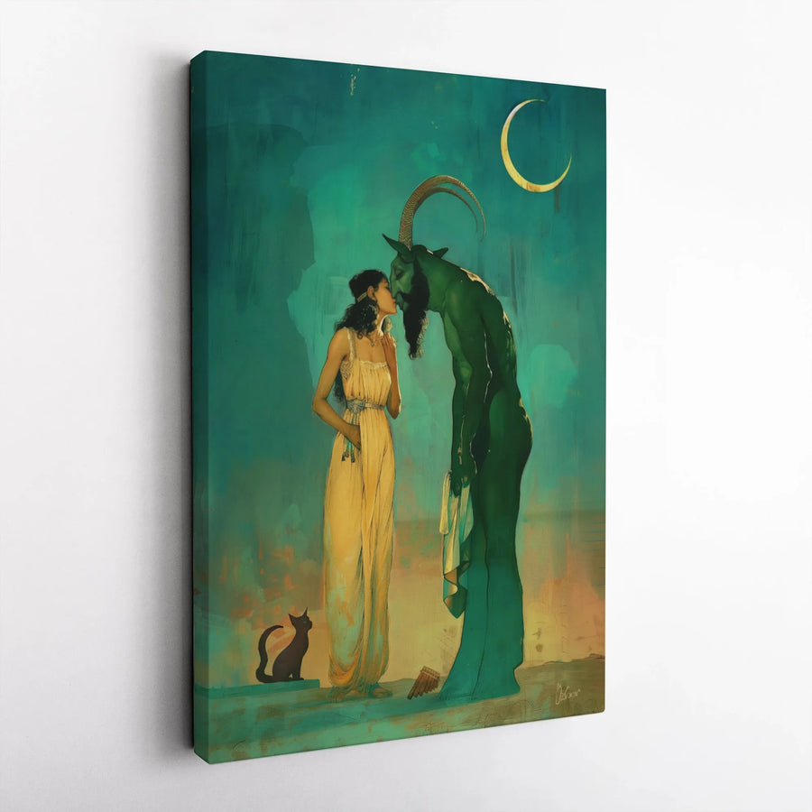 Mythological Fantasy Canvas Wall Art | Siren Kissing Faun God Surrealism | Gallery Wrap Premium Print | Gothic Home Decor Gift for Mythology Fans