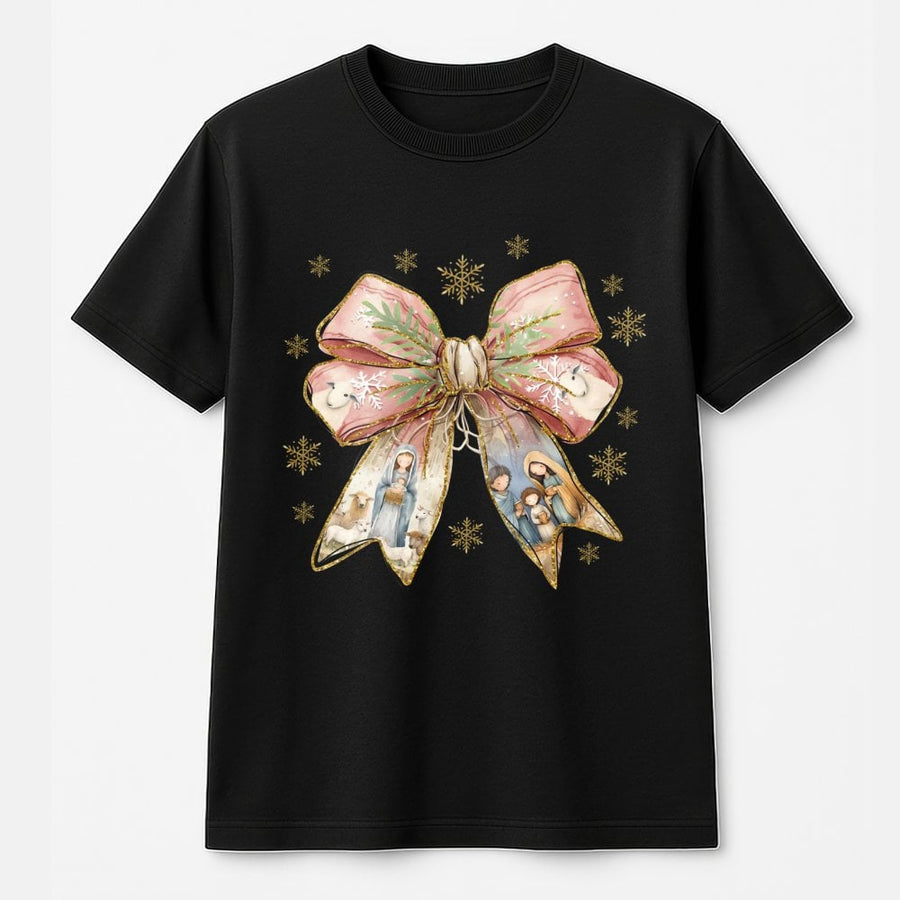 Nativity Scene Coquette Bow T-Shirt | Christian Christmas Aesthetic Graphic Tee | 100% Premium Cotton | Religious Holiday Gift for Women