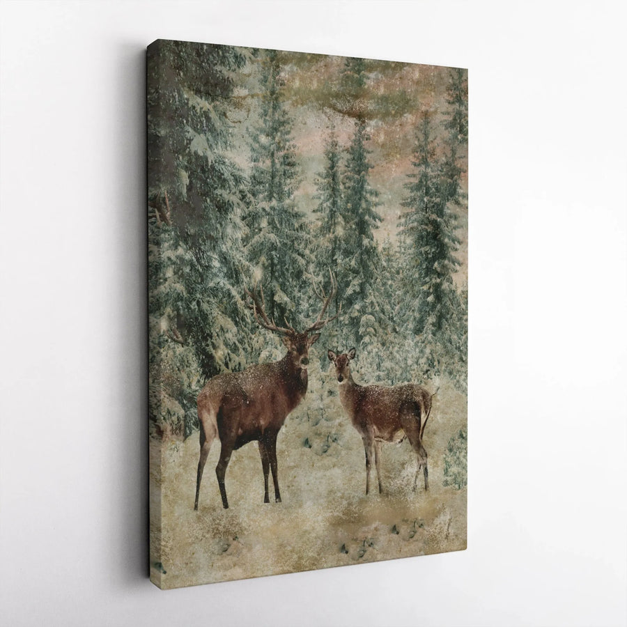 Winter Deer Wall Art | Stag And Doe Snowy Forest Print | Gallery-Quality 1.25-Inch Canvas | Rustic Home Decor Gift For Nature Lovers