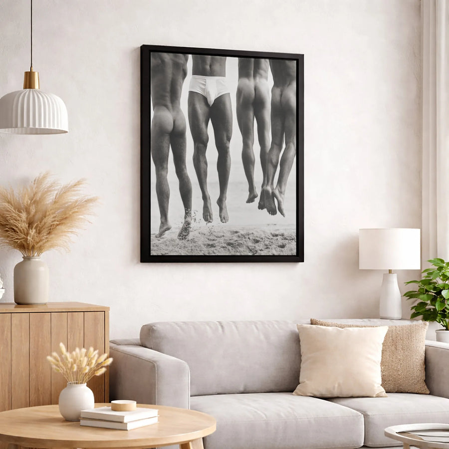 Men Jumping on Beach Canvas | Artistic Black and White Photography Wall Art | Premium Gallery-Wrapped Print | Modern Male Figure Home Decor
