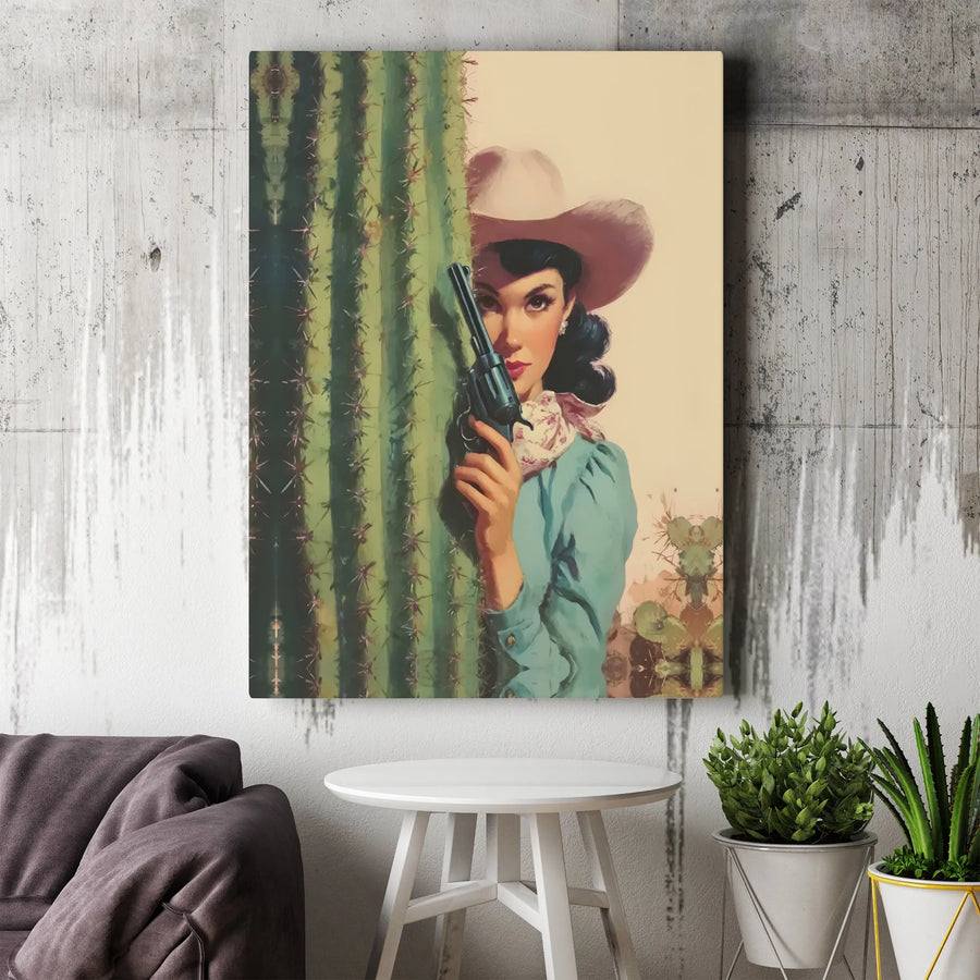 Vintage Cowgirl Canvas Wall Art | Western Pinup with Cactus Art | Premium Frameless Canvas Print | Collector's Southwestern Home Decor