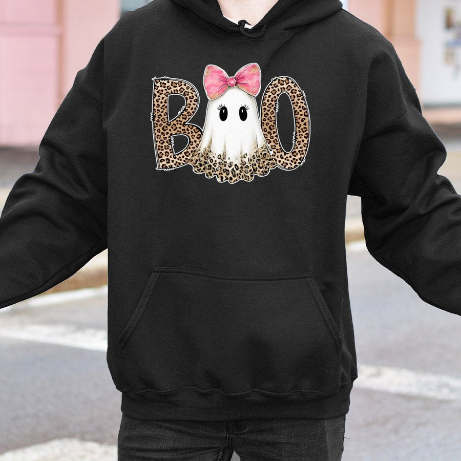 Boo Ghost Hoodie | Leopard Print Spooky Coquette Aesthetic | Premium Cotton-Blend | Trendy Halloween Gift for Women