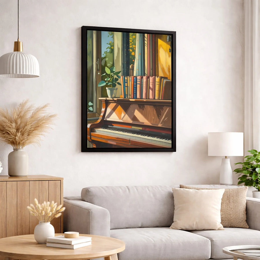 Piano and Books Wall Art | Impressionistic Sunlit Window Print | 1.25 Inch Gallery Wrap Canvas | Cozy Academic Home Decor Gift