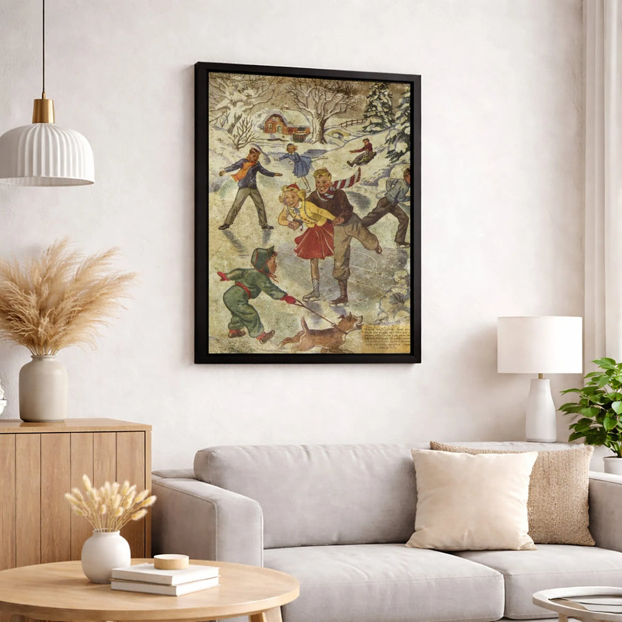 Vintage Ice Skating Canvas Wall Art | Nostalgic Winter Snow Scene Print | 1.25 Inch Gallery Wrap | Seasonal Holiday Home Decor Gift