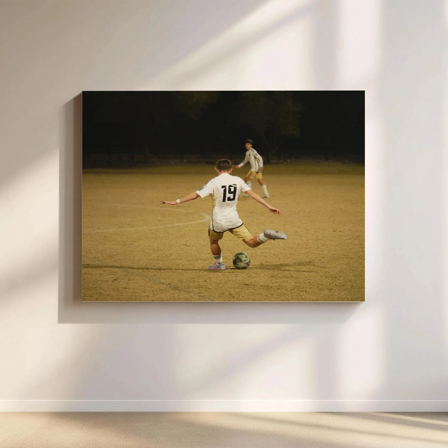 Soccer Action Canvas Wall Art | Night Game Player Number 19 | Premium Gallery Wrap Print | Sports Decor Gift for Athletes and Fans