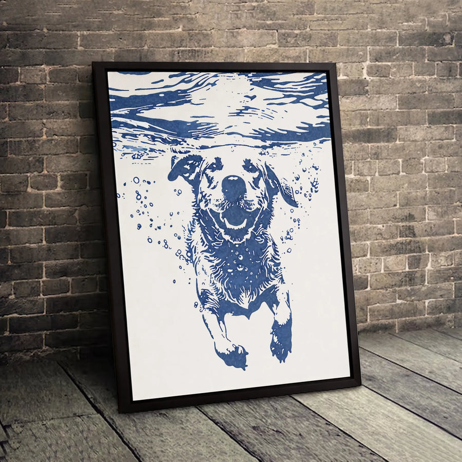 Swimming Dog Canvas Print | Blue Labrador Underwater Art | 1.25 Inch Gallery Wrap | Modern Pet Lover Home Decor Gift