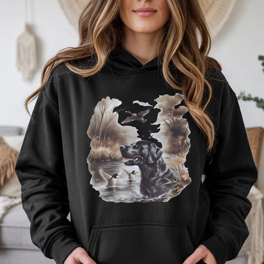Black Labrador Duck Hunting Hoodie | Vintage Wildlife Art Graphic | Premium Cotton Blend | Gift for Dog Lovers and Outdoorsmen