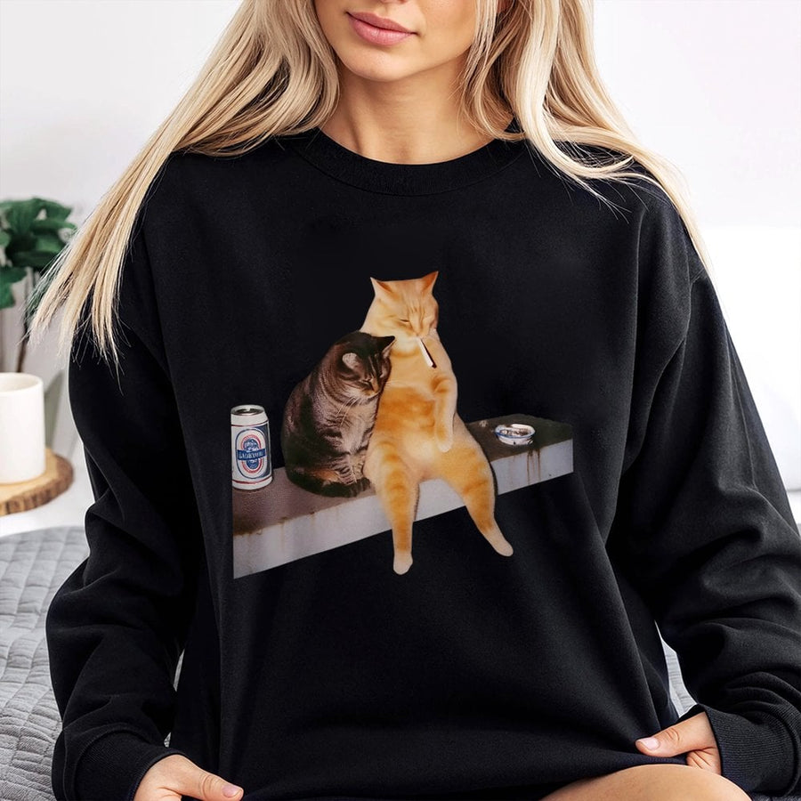 Smoking Cat Meme Sweatshirt | Funny Drinking Cats Graphic | Premium Cotton Blend Crewneck | Unisex Gift For Cat Lovers