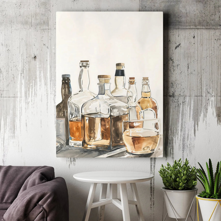 Whiskey Bottle Wall Art | Watercolor Bourbon Still Life Print | Premium Gallery Wrapped Canvas | Home Bar and Kitchen Decor Gift