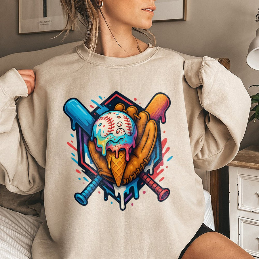Baseball Ice Cream Drip Sweatshirt | Colorful Melting Sport Graphic | Premium Cotton Blend Crewneck | Gift for Baseball Players and Fans