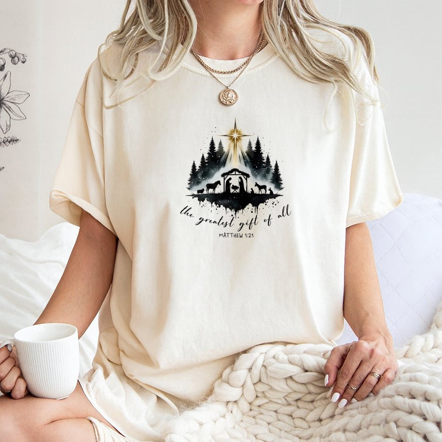 Nativity Scene T-Shirt | The Greatest Gift Of All Christian Christmas Apparel | 100% Cotton Religious Graphic Tee | Faith-Based Holiday Gift For Adults