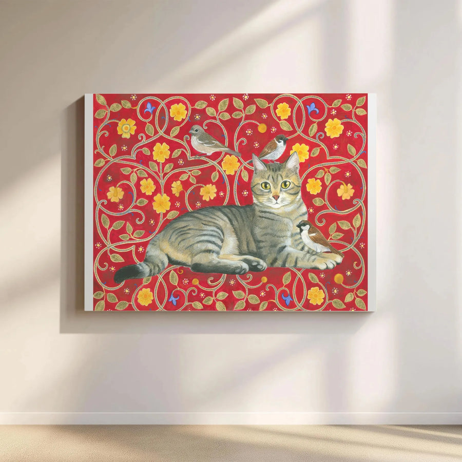 Medieval Cat and Birds Canvas Art | Vintage Tapestry Style Painting with Floral Pattern | Premium Gallery Quality Print | Unique Home Decor Gift for Cat Lover