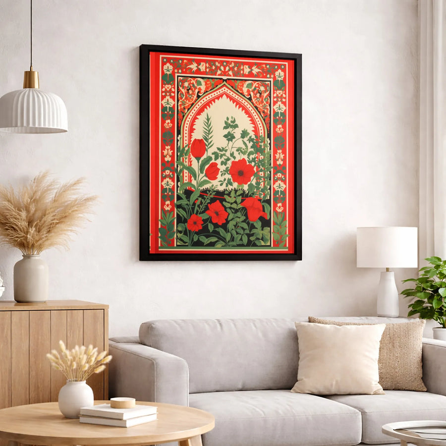 Mughal Floral Canvas Wall Art | Persian Poppy Archway Print | Premium Fade-Resistant Gallery Wrap | Decorative Home Decor Gift