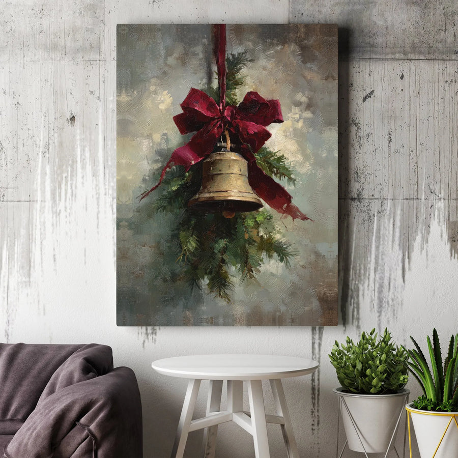 Vintage Christmas Bell Canvas Art | Festive Red Ribbon and Pine Decor | Premium Fade-Resistant Print | Holiday Wall Decor Gift for Home